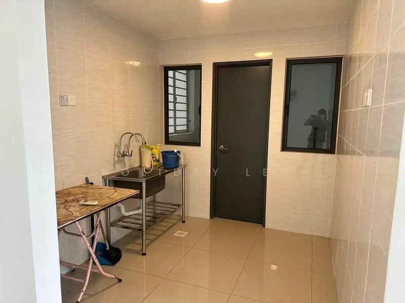 Laundry features: white tiled walls, cream tiled flooring, stainless-steel sink, chrome faucet, metal table with marble top, two windows, dark grey door, ceiling light; style: modern.
