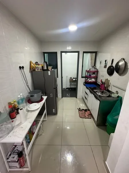 Kitchen features: white tiled walls, glossy floor tiles, single-bowl stainless-steel sink, chrome pull-down faucet, built-in kitchen cabinets, stainless-steel fridge, countertop with space for appliances, wall-mounted shelves, cooking utensils on wall, plastic garbage bin, green trash bag, various food items on countertop; style: modern.