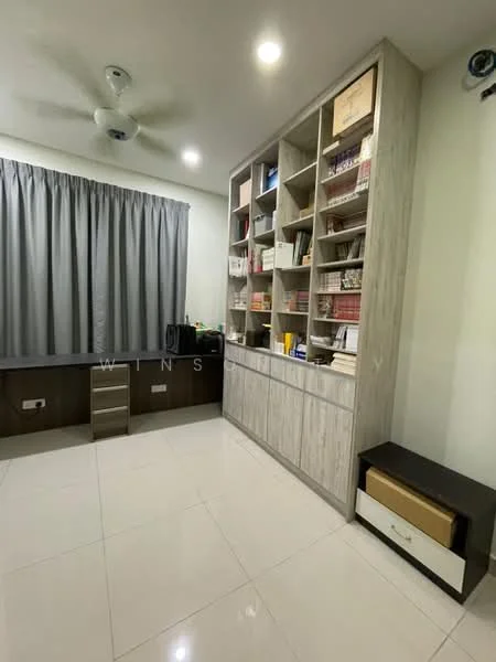 Study features: white painted walls, glossy tile flooring, ceiling fan, built-in shelving unit with wood finish, desk with storage drawers, curtains, electrical outlets, decorative items on shelves; style: modern.