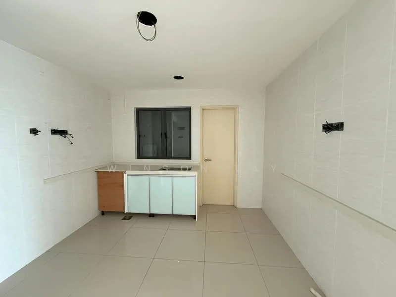 Room features: white tiled walls, light grey tiled flooring, single-bowl sink, wood cabinetry, window with black frame, plain white ceiling, recessed lighting, empty space for appliances, door leading to another room; style: modern.