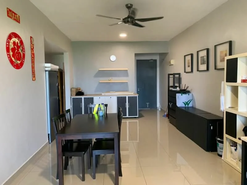 Dining features: black dining table, 4 black dining chairs, white walls, grey accent wall, recessed downlights, polished tile flooring, ceiling fan, open shelving unit, black storage cabinet, framed artwork on walls, doorway to hallway, stainless-steel fridge; style: modern.