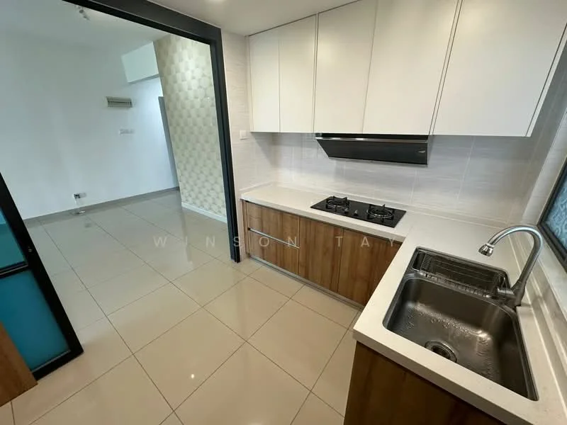 Kitchen features: white cabinetry, wooden lower cabinets, stainless-steel sink, chrome pull-down faucet, 2-burner gas hob, black range hood, grey tiled backsplash, ceramic tile flooring, recessed downlights, window with view, open layout to living area; style: modern.