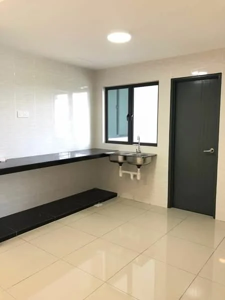 Laundry features: white tiled walls, black countertop, double-bowl stainless-steel sink, grey door, window with black frame, white floor tiles, shelf under countertop, recessed ceiling light; style: modern.