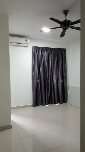 Room features: white painted walls, grey curtains, ceiling fan, wall-mounted split AC, tile flooring, recessed LED downlights; style: modern.