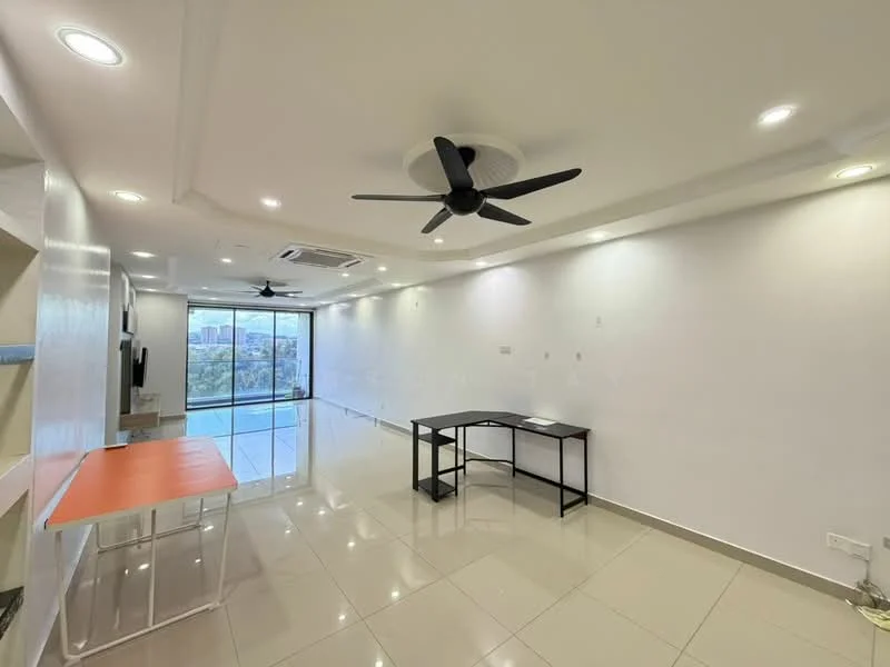 Living features: white painted walls, tray ceiling, recessed downlights, 5-blade ceiling fan with light, large floor-to-ceiling windows, sliding glass door, glossy ceramic tile flooring, black dining table, orange table, air conditioning unit; style: modern; view: city.