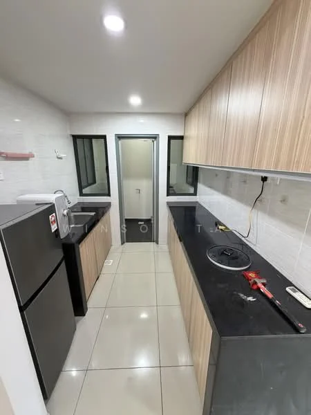 Kitchen features: white tiled walls, light wood cabinetry, black countertop, stainless-steel fridge, built-in stove, double-bowl stainless-steel sink, chrome pull-down faucet, ceramic tile flooring, recessed LED downlights, sliding glass door, window with black frame; style: modern.