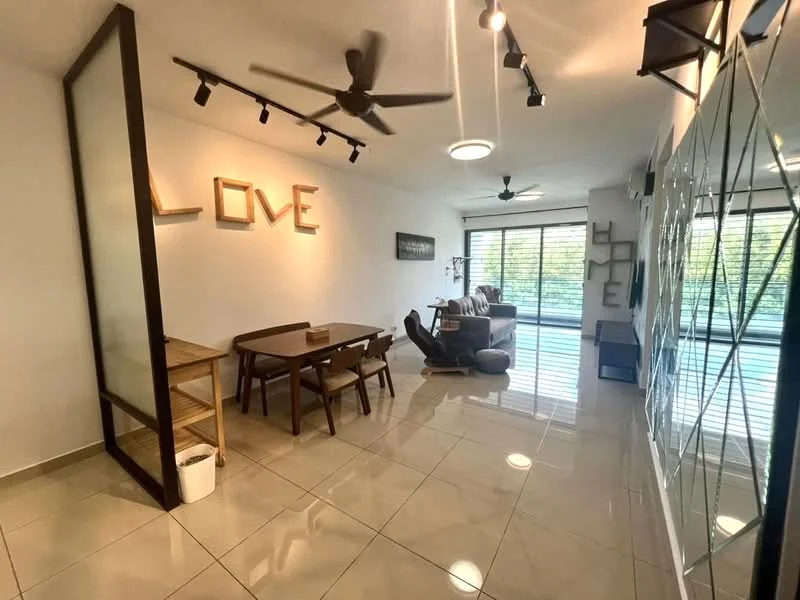 Living features: 5-blade ceiling fan with light, recessed LED downlights, large sliding glass door, floor-to-ceiling windows, white painted walls, glossy ceramic tile flooring, wooden dining table, upholstered armchair, decorative wall art, decorative letters spelling 'LOVE', decorative letters spelling 'HOME', black accent wall, open layout; style: modern; view: garden.