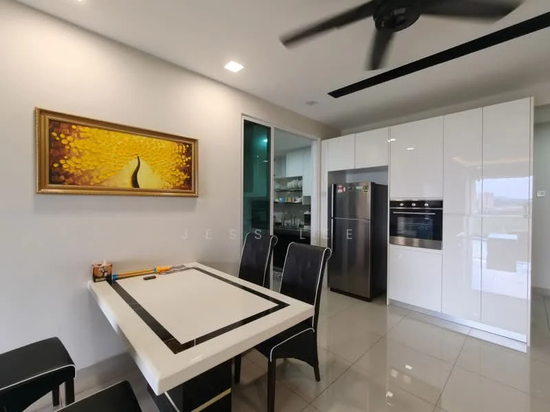 Dining features: white dining table with black trim, black upholstered dining chairs, framed artwork with yellow and brown tones, recessed downlights, grey tiled flooring, wall-mounted kitchen cabinets, stainless-steel fridge, built-in oven, glass sliding door, open kitchen layout, ceiling fan; style: modern; view: city.
