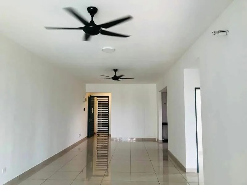 Room features: white painted walls, glossy ceramic tile flooring, 2 ceiling fans, recessed ceiling lights, open layout, doorway leading to another room, doorway leading to kitchen area; style: modern.