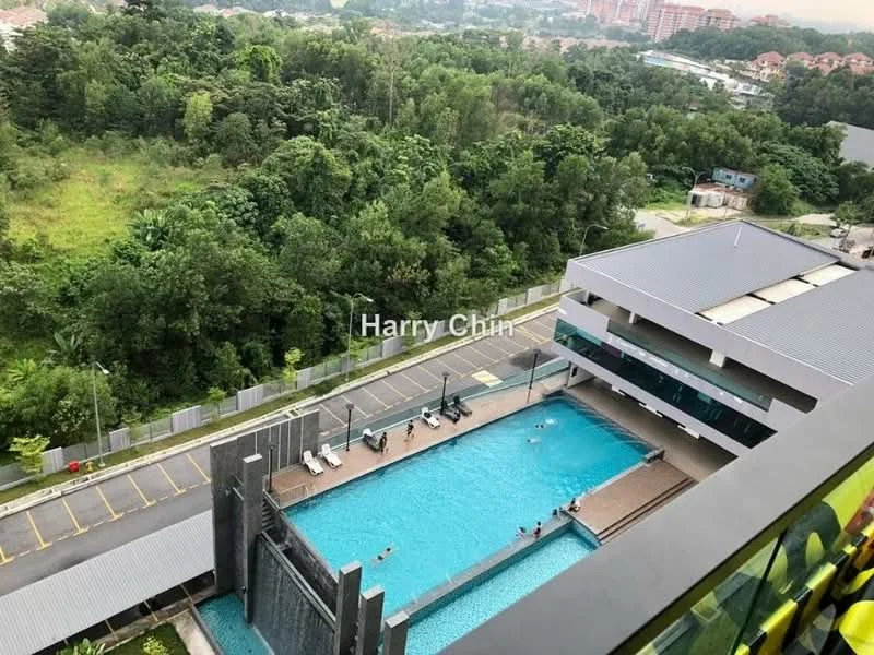 Exterior type: high-rise condominium; features: infinity pool, pool deck with loungers, landscaped garden, surrounded by greenery, parking lot, modern architectural design, multiple levels, water feature, view of surrounding trees; style: modern.