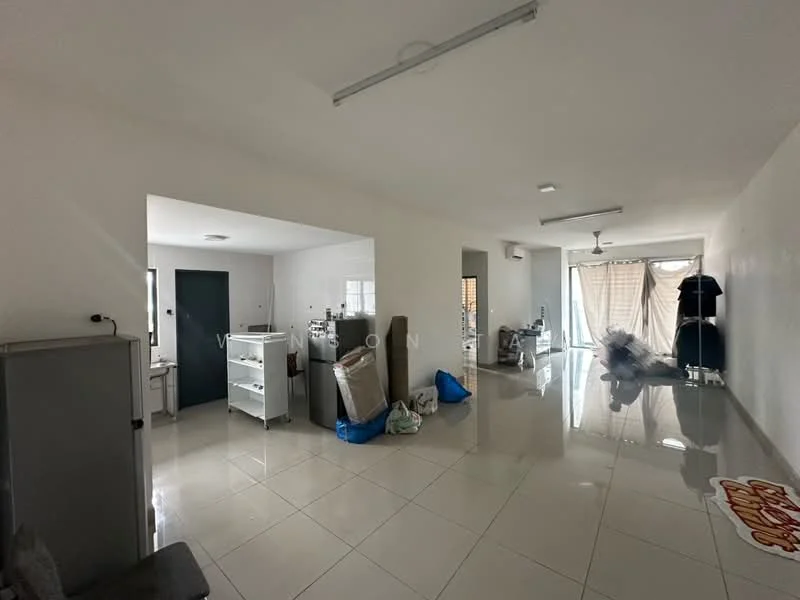 Room features: white painted walls, glossy tile flooring, recessed ceiling lights, open layout, large windows, curtains, furniture items, storage boxes; style: modern.