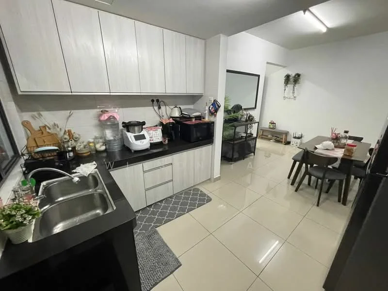 Kitchen features: white shaker cabinets, black countertop, double-bowl stainless-steel sink, chrome pull-down faucet, built-in microwave, rice cooker, toaster, kettle, ceramic tile flooring, recessed downlights, grey area rug, wall-mounted mirror, decorative plants; style: modern. Dining features: 4-seater dining table, black dining chairs, decorative plants, wall-mounted mirror; style: modern.