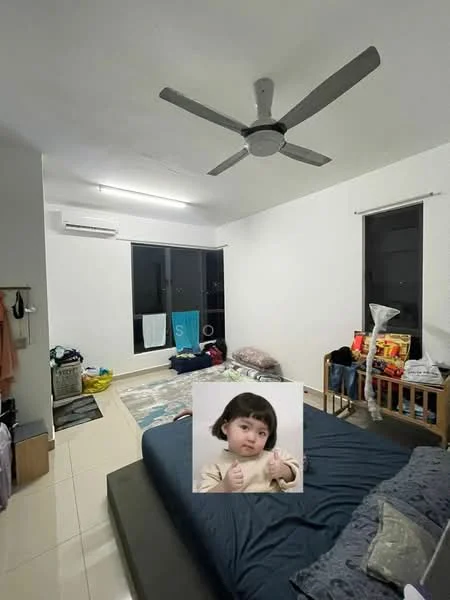 Bedroom features: white painted walls, tile flooring, 5-blade ceiling fan, wall-mounted split AC, floor-to-ceiling windows, blackout curtains, queen-size bed, bedding on bed, wooden crib, clothes on floor, laundry hanging, decorative rug; style: modern.