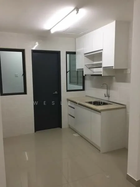 Kitchen features: white cabinetry, laminate countertop, single-bowl stainless-steel sink, chrome pull-down faucet, built-in shelves, ceramic tile backsplash, grey tiled flooring, recessed ceiling lights, two windows, dark-colored door; style: modern.