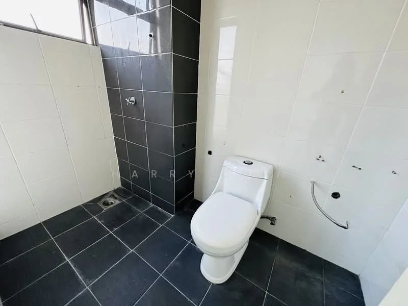 Bathroom features: white toilet, black tiled walls, white tiled walls, black tile flooring, shower area with wall-mounted faucet, drain in floor, no visible vanity, no visible mirror; style: modern.