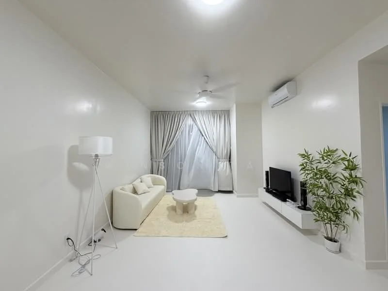 Living features: white painted walls, white ceiling, 5-blade ceiling fan with light, floor-to-ceiling window with sheer curtains, light-colored sofa, round coffee table, area rug, wall-mounted TV, white TV console, indoor plant; style: modern.