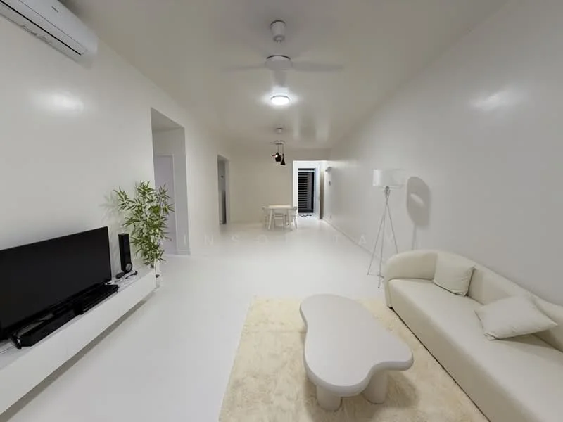 Living features: white painted walls, polished concrete flooring, 5-blade ceiling fan with light, wall-mounted TV, white TV console, cream-colored 3-seater sofa, coffee table with organic shape, area rug with neutral color, floor lamp, indoor plant; style: modern.