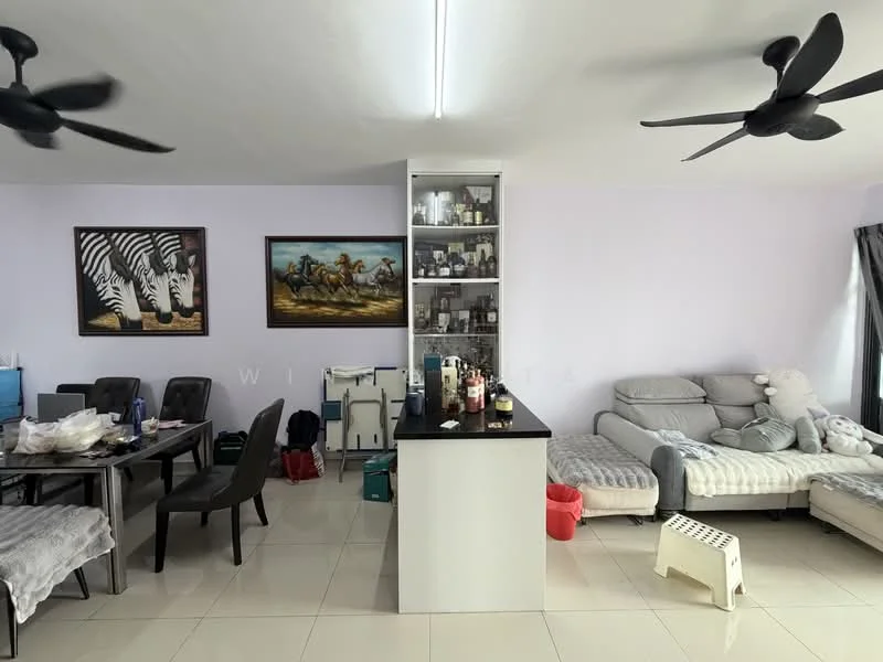 Living features: light grey sectional sofa, black coffee table, dining table with black chairs, white cabinetry with glass doors, bottles displayed on shelves, two ceiling fans, light-colored tiled flooring, purple painted walls, decorative artwork on walls; style: modern.