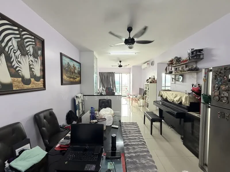 Living features: grey tiled flooring, white painted walls, 5-blade ceiling fan with light, wall-mounted air conditioning unit, large glass sliding door leading to balcony, black piano, dining table with black leather chairs, decorative wall art with zebra print, decorative wall art with horses, black refrigerator, grey area rug, open layout connecting to kitchen, multiple windows providing natural light; style: modern; view: city.