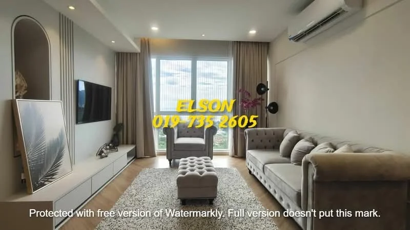Living features: 3-seater fabric sofa in grey, ottoman with tufted design, TV console with storage, wall-mounted TV, area rug with geometric pattern, floor-to-ceiling windows, curtains, wooden flooring, recessed downlights, air conditioning unit; style: modern; view: city.