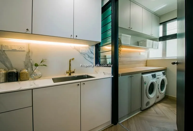 Laundry features: white cabinetry, marble countertop, single-bowl stainless-steel sink, golden faucet, front-load washing machine, front-load dryer, wooden countertop, herringbone patterned flooring, under-cabinet lighting, glass shelving, window with blinds; style: modern.