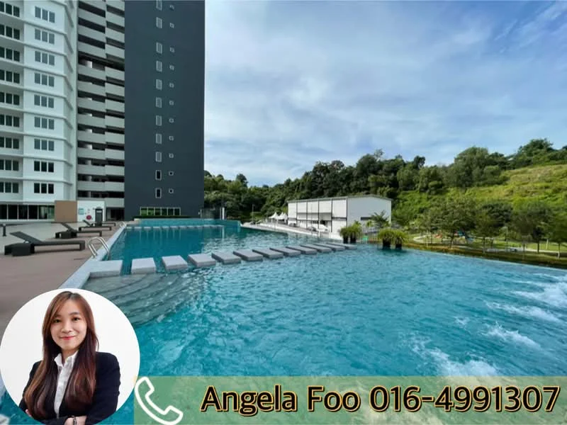 Exterior type: high-rise condominium; features: infinity pool, pool deck with loungers, landscaped garden, surrounded by greenery, modern facade, balconies on upper floors, glass curtain wall, manicured lawn; style: modern.