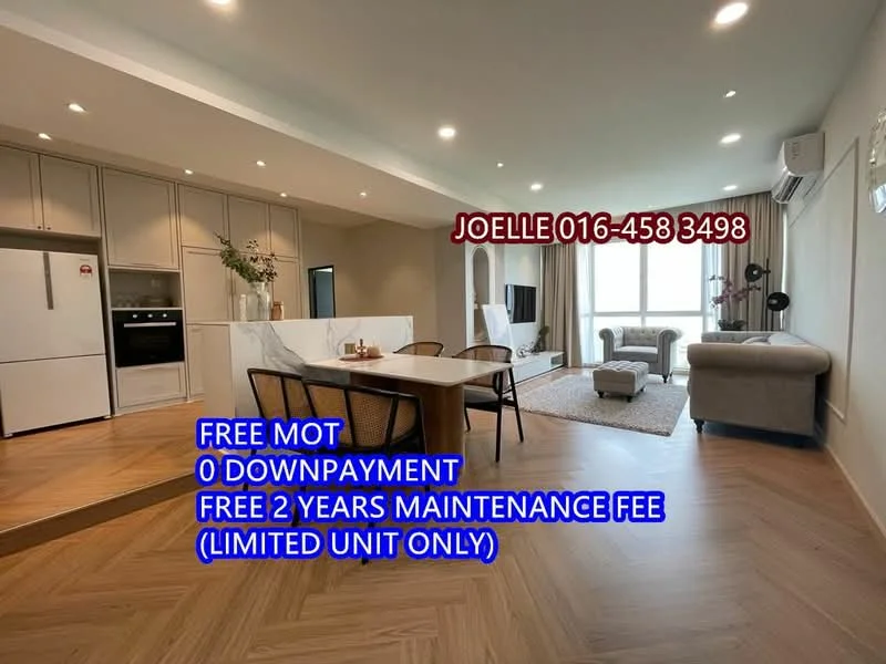 Living features: light wood herringbone flooring, cream painted walls, floor-to-ceiling windows, white ceiling with recessed downlights, sofa in light grey fabric, coffee table with marble top, dining table with four chairs, built-in cabinetry, air conditioning unit, decorative plants; style: modern; view: city.