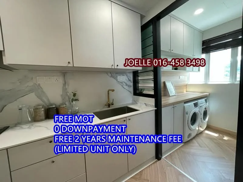 Laundry features: white cabinetry, marble backsplash, single-bowl stainless-steel sink, gold gooseneck faucet, front-load washing machine, front-load dryer, wood-look tile flooring, window with blinds; style: modern. Kitchen features: white cabinetry, marble countertop, stainless-steel appliances, built-in oven, induction cooktop, open shelving, under-cabinet lighting; style: modern.