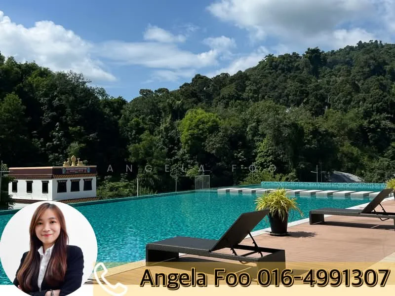 Exterior type: swimming pool deck; features: infinity pool, pool deck with loungers, surrounded by lush greenery, mountain view in background, tropical landscaping, paved walkway; style: modern.