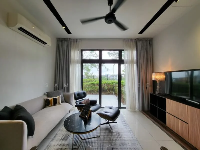 Living features: 3-seater fabric sofa in light grey, black leather armchair, round marble coffee table, wall-mounted TV, TV console with wooden cabinetry, floor-to-ceiling windows, sheer curtains, recessed downlights, 5-blade ceiling fan, air conditioning unit, decorative lamp, greenery view outside; style: modern; view: garden.