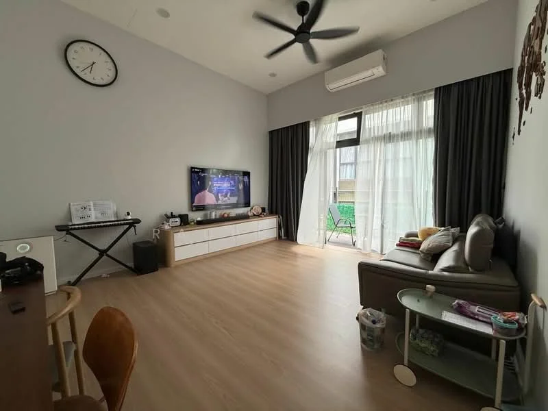 Living features: light wood laminate flooring, grey painted walls, 5-blade ceiling fan with light, wall-mounted TV, white TV console, sofa in grey, coffee table, large floor-to-ceiling windows, sheer curtains, sliding glass door, balcony view, decorative wall art, clock on wall; style: modern; view: garden.