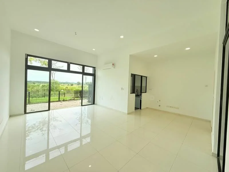 Living features: white painted walls, glossy ceramic tile flooring, 5-blade ceiling fan with light, floor-to-ceiling windows, sliding glass door, air conditioning unit, natural light from windows, view of greenery; style: modern; view: garden. Kitchen features: black cabinetry, countertop, sink, stainless-steel appliances; style: modern.