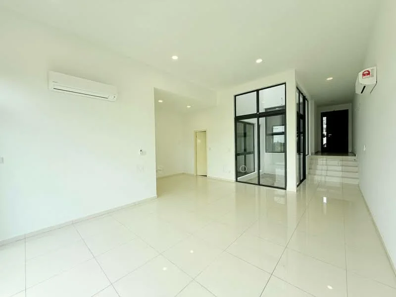 Room features: white painted walls, glossy ceramic tile flooring, recessed downlights, 1 wall-mounted split AC, large glass sliding door, glass partition wall, neutral color palette, open layout; style: modern.
