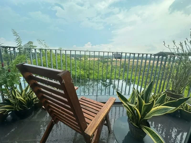 Room features: wooden deck chair, metal railing, potted plants, green foliage, outdoor flooring, table, view of landscape, sunny weather; style: modern; view: garden.