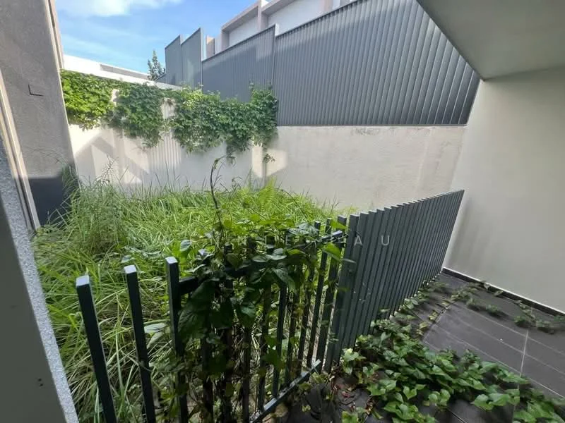 Room features: greenery, tall grass, metal fencing, paved flooring, vertical garden, concrete walls, gated entry; style: modern; view: garden.