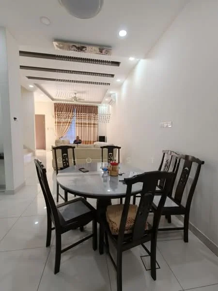 Dining features: round marble dining table, wooden dining chairs, white painted walls, glossy tile flooring, recessed downlights, ceiling with decorative elements, curtains with floral pattern, air conditioning unit; style: modern. Living features: sofa, TV console, wall-mounted TV, decorative wall with artwork, large window with curtains; style: modern.
