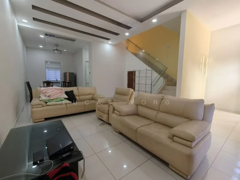 Living features: L-shape sectional sofa in beige, glass coffee table, white painted walls, polished ceramic tile flooring, recessed downlights, ceiling with decorative moulding, large window with sheer curtains, open layout to dining area, staircase visible in background; style: modern.