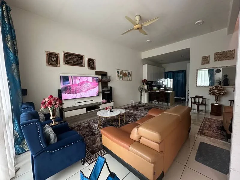 Living features: 3-seater leather sofa in beige, 2-seater fabric sofa in blue, coffee table, wall-mounted TV, area rug with geometric pattern, ceiling fan, decorative wall art, curtains, side table, potted plants; style: contemporary.