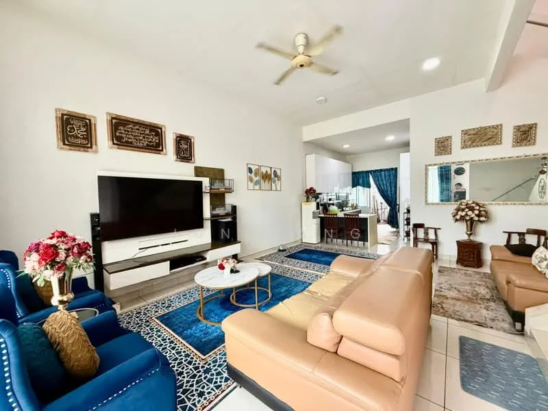 Living features: 3-seater leather sofa in beige, 2-seater fabric sofa in blue, coffee table with round top, area rug with geometric pattern, wall-mounted TV, decorative wall art, ceiling fan, framed mirror, decorative plants in ceramic pots, wall clock, white painted walls, tile flooring; style: modern. Kitchen features: open kitchen layout, white cabinetry, kitchen island, stainless-steel appliances, blue curtains; style: modern.