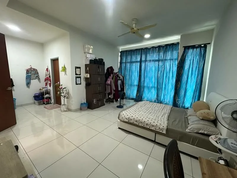 Bedroom features: queen-size bed, upholstered headboard, 2 bedside pillows, ceiling fan, floor-to-ceiling windows, blue sheer curtains, white painted walls, glossy tile flooring, built-in wardrobe, wooden door, decorative wall art, clothing rack, study desk; style: modern.
