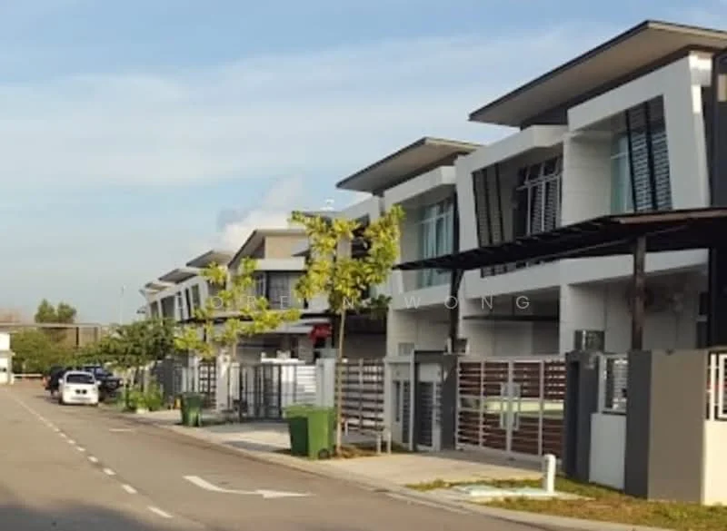 Exterior type: linked terrace house; features: white painted facade, flat roof, two-storey, large windows, balconies with railings, manicured landscaping, driveway with interlocking pavers, street view, surrounded by greenery; style: modern.