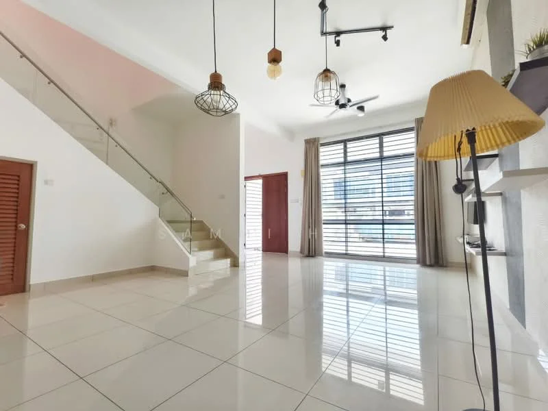 Living features: white painted walls, glossy floor tiles, large floor-to-ceiling windows, curtains, ceiling fan, 3 pendant lights, staircase with glass railing, decorative wall shelf, lampshade, open layout; style: modern; view: pool.