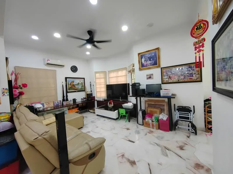 Living features: cream leather sofa, 3-seater sofa, black coffee table, wall-mounted TV, entertainment unit, ceiling fan, recessed LED downlights, white painted walls, marble flooring, decorative wall art, green plastic chair, window with sheer curtains, air conditioning unit; style: modern.