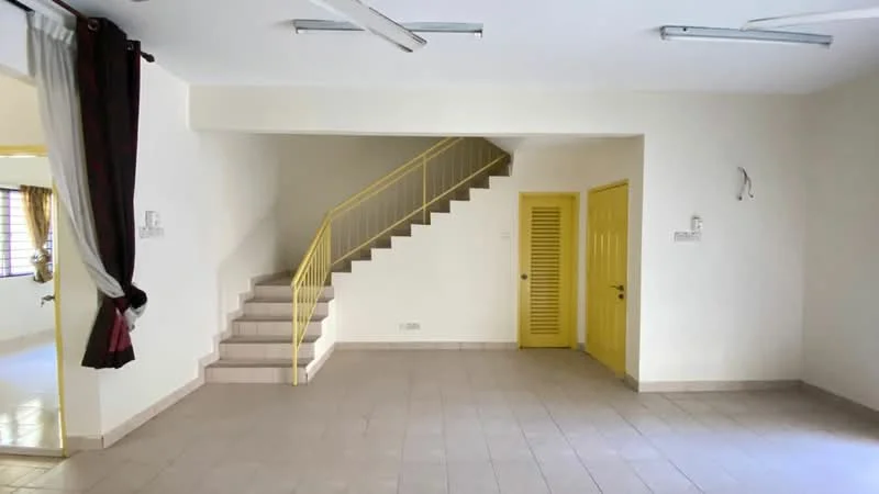 Room features: white painted walls, light beige tiled flooring, staircase with yellow railing, yellow door, two ceiling lights, window with sheer curtains, corner with wall-mounted hook; style: modern.