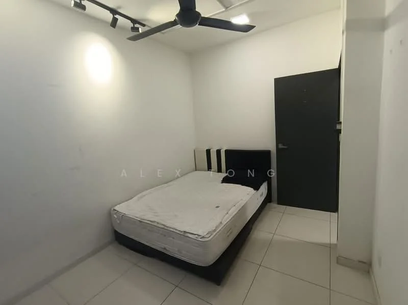 Bedroom features: white painted walls, tile flooring, 5-blade ceiling fan, queen-size bed, black upholstered headboard, black bed frame, single bedside table, dark door, track lighting; style: minimalist.