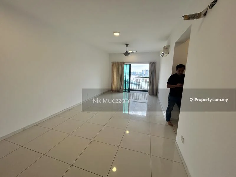 Living features: white painted walls, glossy ceramic tile flooring, 5-blade ceiling fan with light, floor-to-ceiling windows, sliding glass door, sheer curtains, air conditioning unit, natural light from windows; style: modern; view: city.