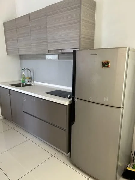 Kitchen features: grey laminate cabinetry, white countertop, single-bowl stainless-steel sink, chrome pull-down faucet, built-in electric cooktop, stainless-steel fridge, white tiled backsplash, white tiled flooring, wall-mounted cabinets, under-cabinet lighting; style: modern.