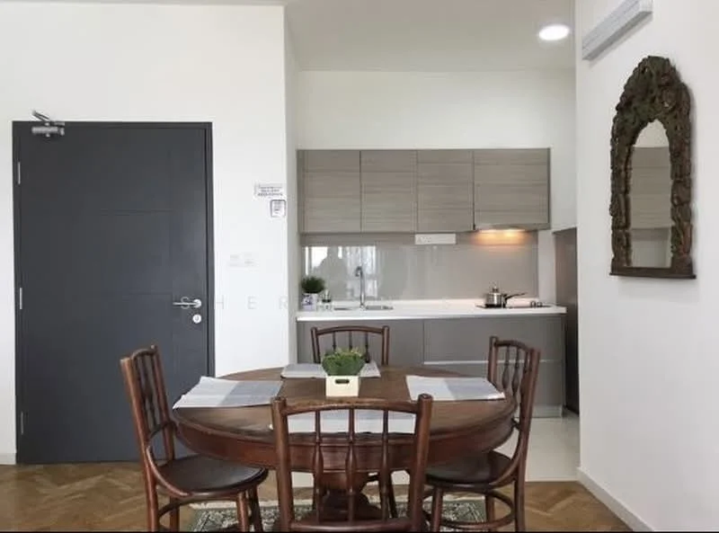 Dining features: round wooden dining table, 4 wooden dining chairs, decorative mirror on wall, green plant centerpiece, white walls, wooden flooring, kitchen cabinetry in grey, stainless-steel sink, built-in kitchen appliances; style: modern. Kitchen features: grey cabinetry, white countertop, stainless-steel sink, built-in stove, kitchen backsplash, under-cabinet lighting; style: modern.