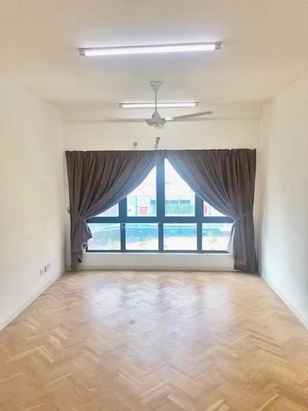 Room features: herringbone wood flooring, white painted walls, ceiling fan, floor-to-ceiling windows, grey curtains; style: modern; view: city.