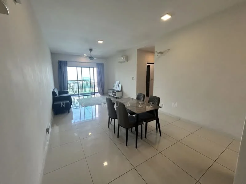Living features: white painted walls, glossy tile flooring, 5-blade ceiling fan with light, floor-to-ceiling windows, sliding glass door, curtains, sofa in black, 4-seater dining table, chairs in black, air conditioning unit; style: modern; view: city.